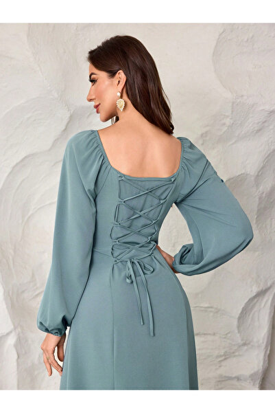 Take Two By Styli Square Neck Maxi Dress with Back Tie-Up