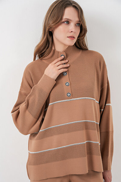 Bigdart Women's Striped Oversized Knitwear Double Set 15957 - Camel