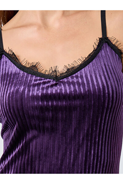 Styli Stripe Textured Velvet Lace Trim Slip Dress