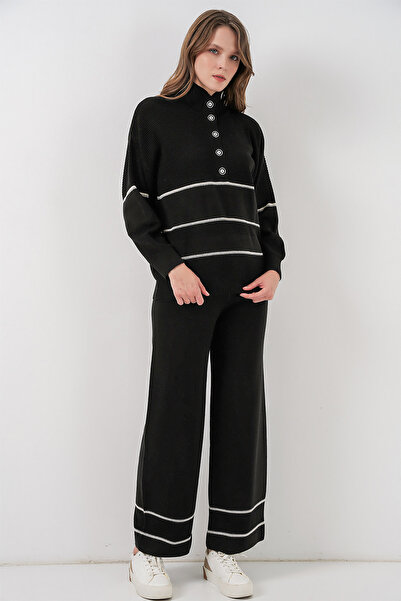 Bigdart Women's Striped Oversized Knitwear Double Set 15957 - Black