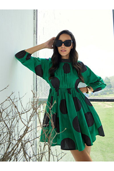 Sassafras By Styli Green Back Tie-Up Polka Dot Dress