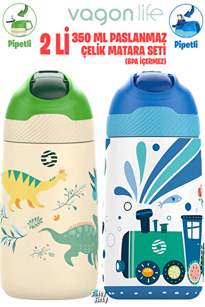 Vagonlife 2-PACK SET 350 ML Children's Straw Steel Flask Stainless Steel Thermos 5 Different Colors 2055-350ML