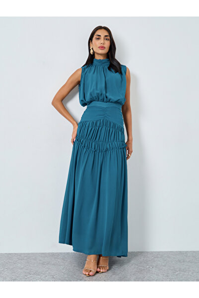 Styli Teal Pleating Waist Sleeveless Maxi Dress