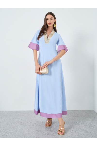 Take Two By Styli Blue Color Block Sequin Detail Maxi Dress