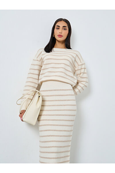 Styli Beige Ribbed Striped Sweater Maxi Dress