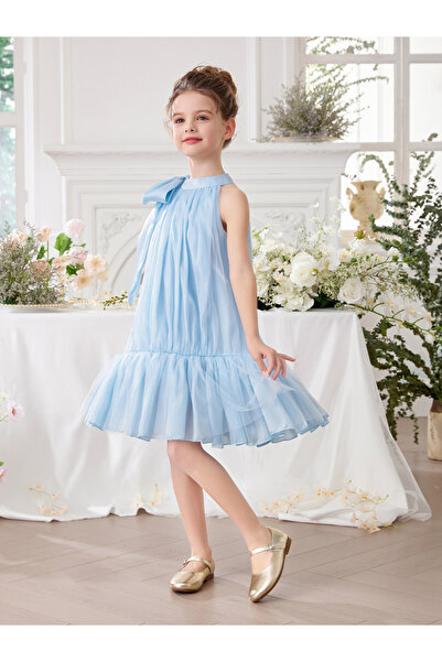 Take Two By Styli Girls Halter Bow Detail Ruffle Hem Party Dress
