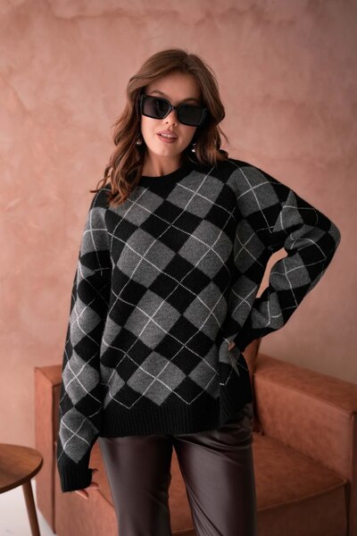 Miss Allos Women's Crew Neck Diamond Pattern Soft Textured Knit Sweater