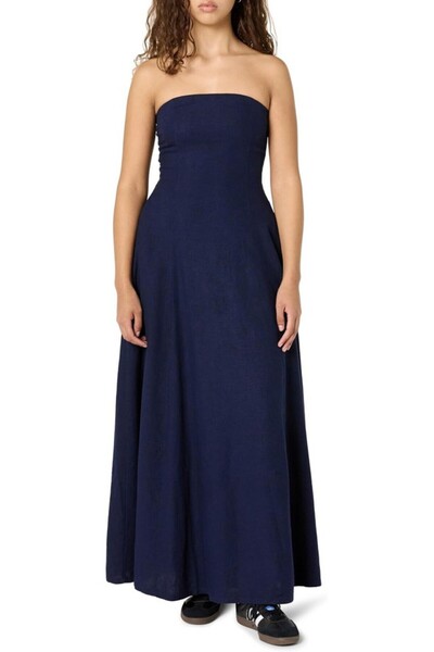 The Drop Carlota strapless linen maxi dress for women, dark blue. size 5XL,
