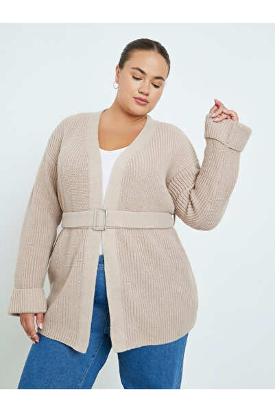 Styli Plus Size Beige Knit Belted Cardigan