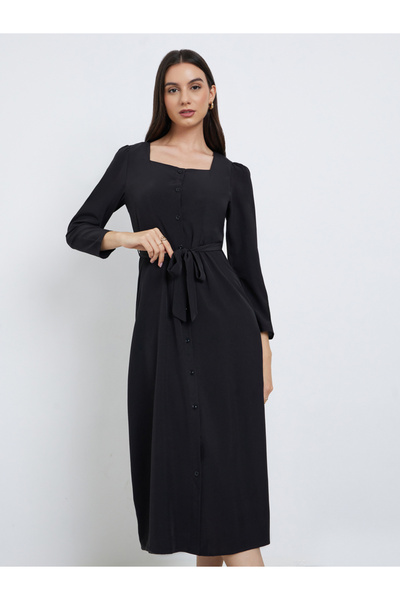 Styli Black Midi Dress with Long Sleeves