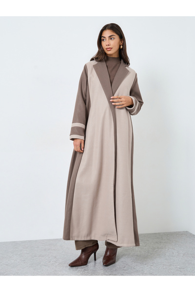 Styli Beige Color Block Notch Label Collar Abaya
