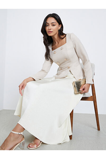 Styli Cream Square Neck Tweed A-Line Maxi Dress