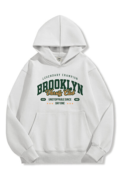 Zuno Men's White Oversized Fit Hooded Sweatshirt Brooklyn Varsity Club