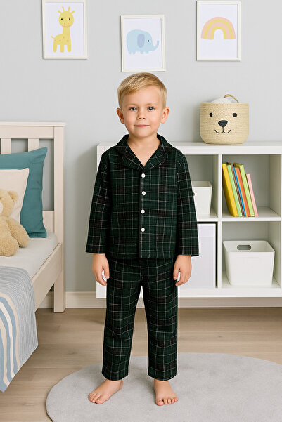 zahider Boy's Cotton Button-Down Shirt Collar Pajama Set