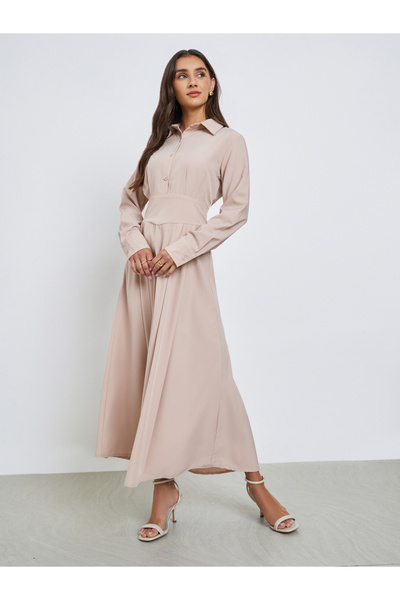 Styli Beige Shirt Maxi Dress with Fold Pleat