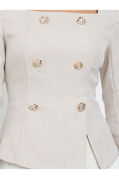 Styli Cream Square Neck Tweed A-Line Maxi Dress