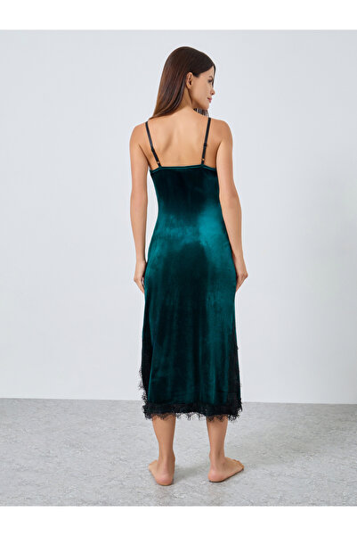 Styli Velvet Contrast Lace Trim Side Slit Slip Dress