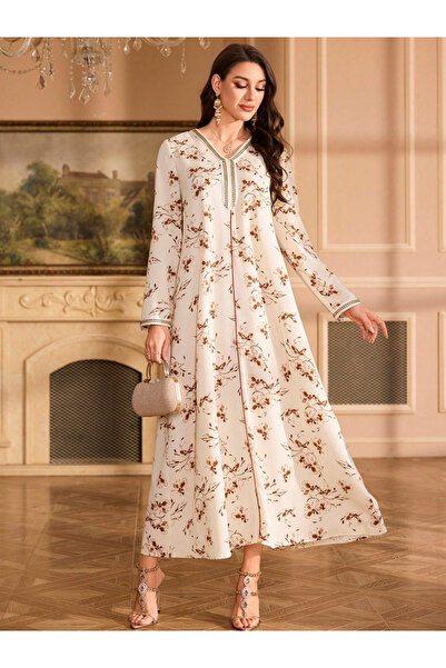 Take Two By Styli Floral Print V-Neck Long Sleeve Maxi Jalabiya