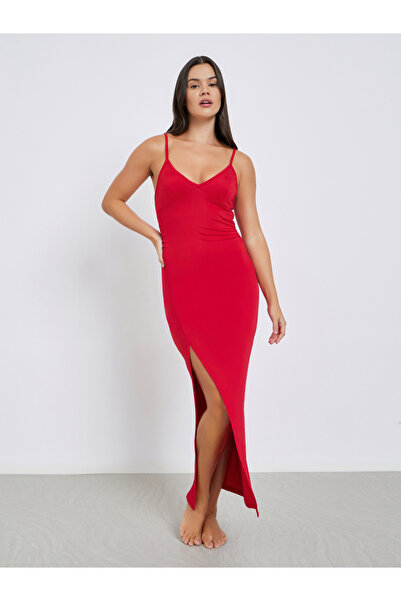 Styli Solid Thigh High Slit Slip Dress with Briefs