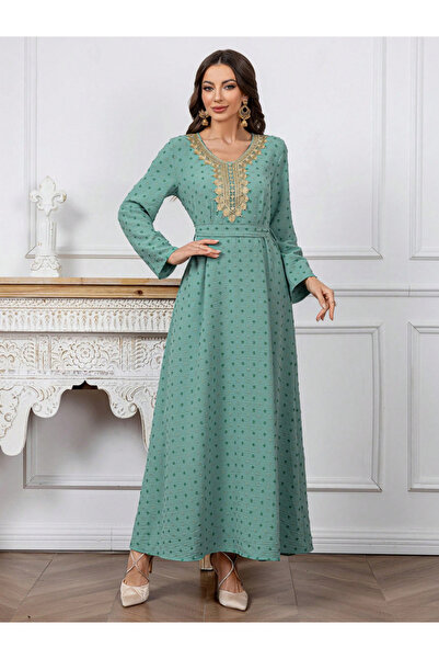 Take Two By Styli Texture Embroidery Neck Detail Belted Maxi Jalabiya