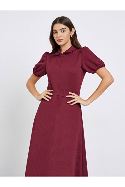 Styli Burgundy Textured Maxi Dress with Puff Sleeves