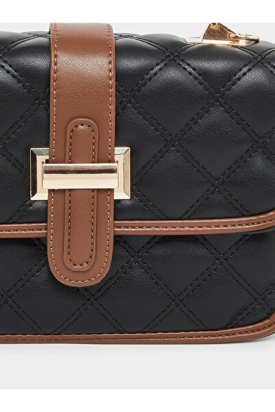 Styli Black Quilted Handbag with Belt Buckle Detail