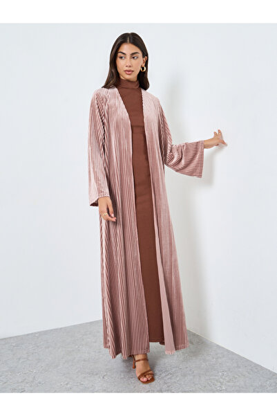 Styli Pink Textured Velvet Look Front Open Blue Abaya