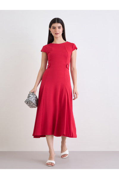 Styli Women Red Plain Short Sleeves A-Line Midi Dress
