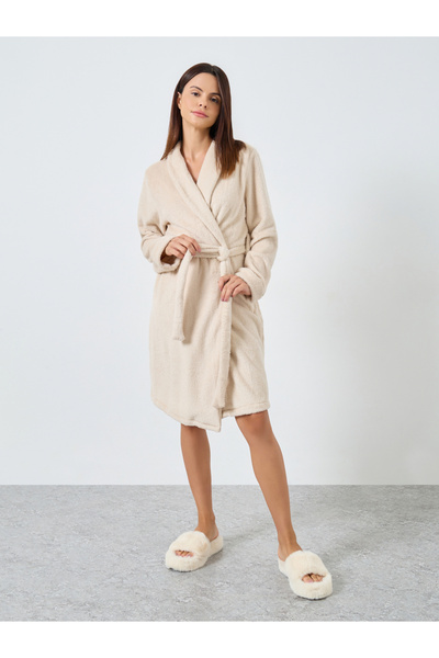 Styli Beige Shawl Collar Fleece Robe