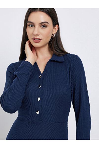 Styli Dark Blue Open Collar Ribbed Maxi Dress