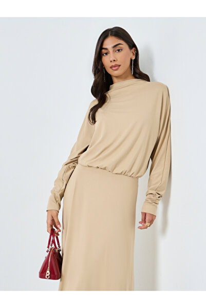 Styli Beige Blouson Draped Maxi Dress
