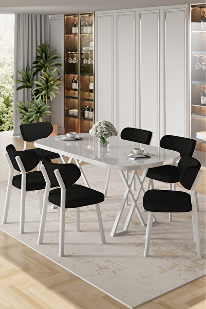 Canisa Axton Serisi Sabit Mdf 90x168 Beyaz Mutfak Masa Takımı 6 Siyah Sandalye