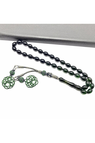 KANUNİ TESBİH سبحة من حجر البيزي المقطوع ثنائي اللون أخضر وأسود بنمط المخمل و...