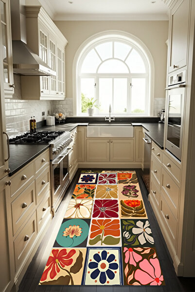 Etnik Dekor Rengarenk Çiçekler Dijital Baskı Kaymaz Taban Makinede Kolay Yıka...