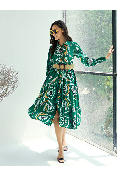 Sassafras By Styli Green Floral Front-Button Midi Dress