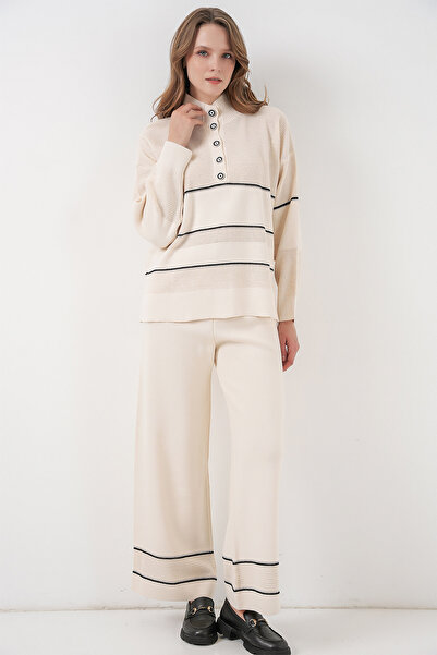 Bigdart Women's Striped Oversized Knitwear Double Set 15957 - Ecru