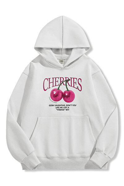 Zuno Women's White Oversized Fit Hooded Sweatshirt Cherries