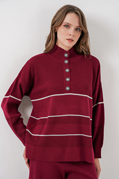 Bigdart Women's Striped Oversized Knitwear Double Set 15957 - Claret Red