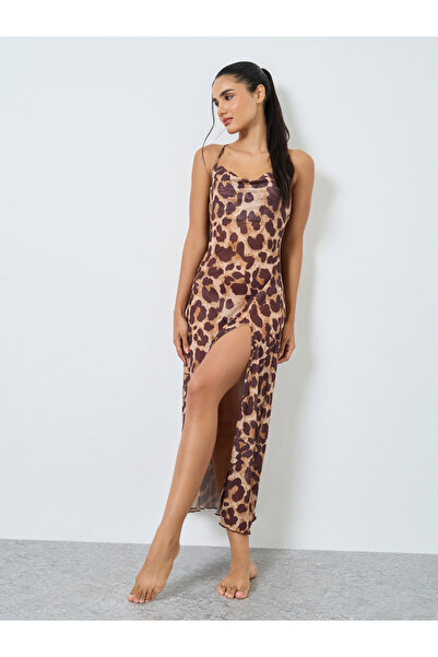Styli Animal Print Halter Neck Flared Slip Dress with Briefs