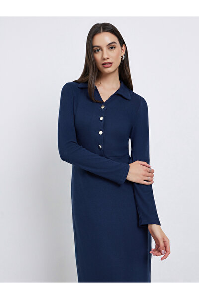 Styli Dark Blue Open Collar Ribbed Maxi Dress