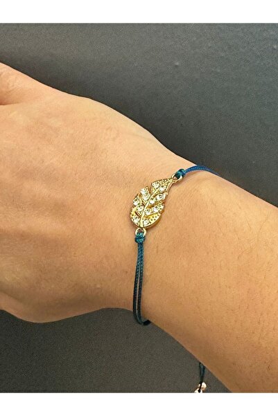 Gönülden Tasarım Zircon Stone Embroidered Leaf Women's Cord Bracelet