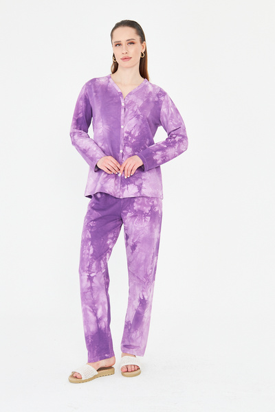 ESPİNA Women's Tie-Dye Pattern Front Buttoned Cotton Pajama Set