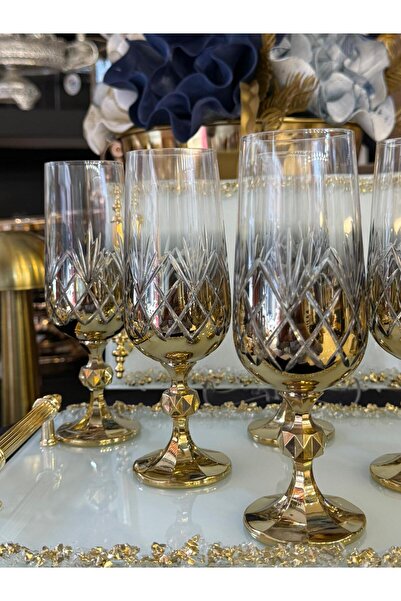 LOKMAN ZÜCCACİYE 6 Person Bohemia Crystal Hand Decorated Titanium Gold Coffee or Water Baragi Glass 180 ml