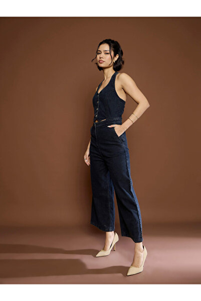 Sassafras By Styli Black Washed Denim Halter Neck Jumpsuit