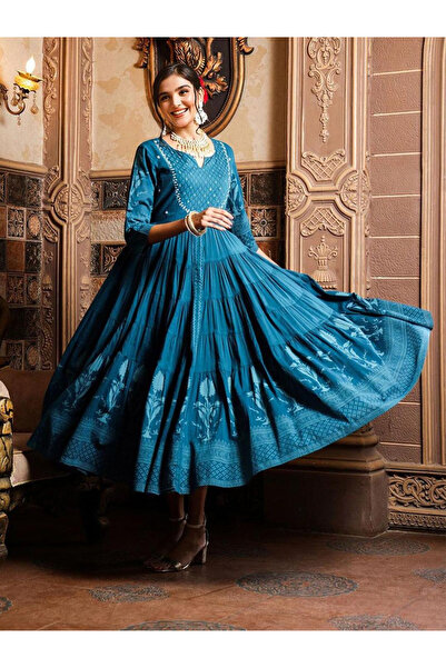 Ishin By Styli Teal Self-Design Tiered Midi Dress