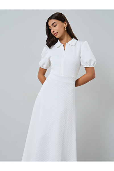 Styli White Textured Maxi Dress with Puff Sleeves