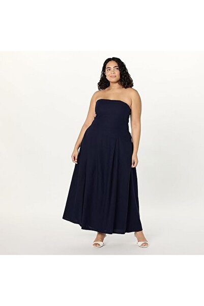 The Drop Carlota strapless linen maxi dress for women, dark blue. size 5XL,