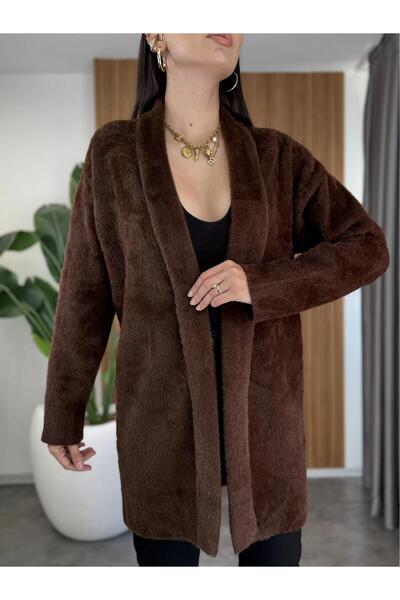 MİR Piedra Women Shawl Collar Oversized Comfortable Fit Soft Texture Bearded Cardigan