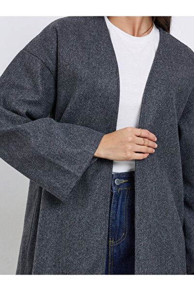 Styli Grey Wool Look Open Front Abaya