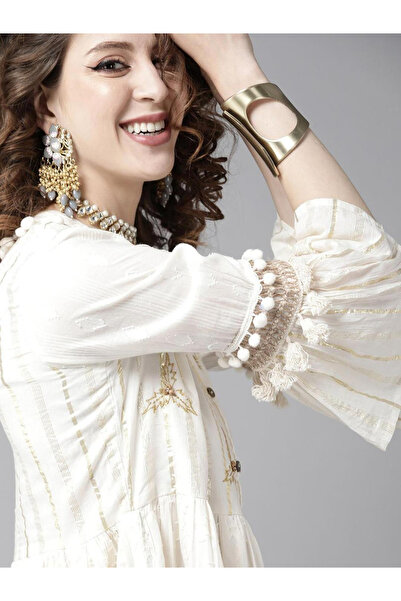 Ishin By Styli Pom Pom Trim Lace Detail Knee Length Dress